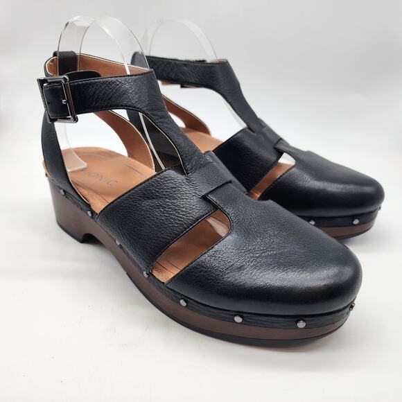 Vionic Faye T-Strap Platform Clogs Black Leather Arch Support Comfort Size 9 - Picture 1 of 8